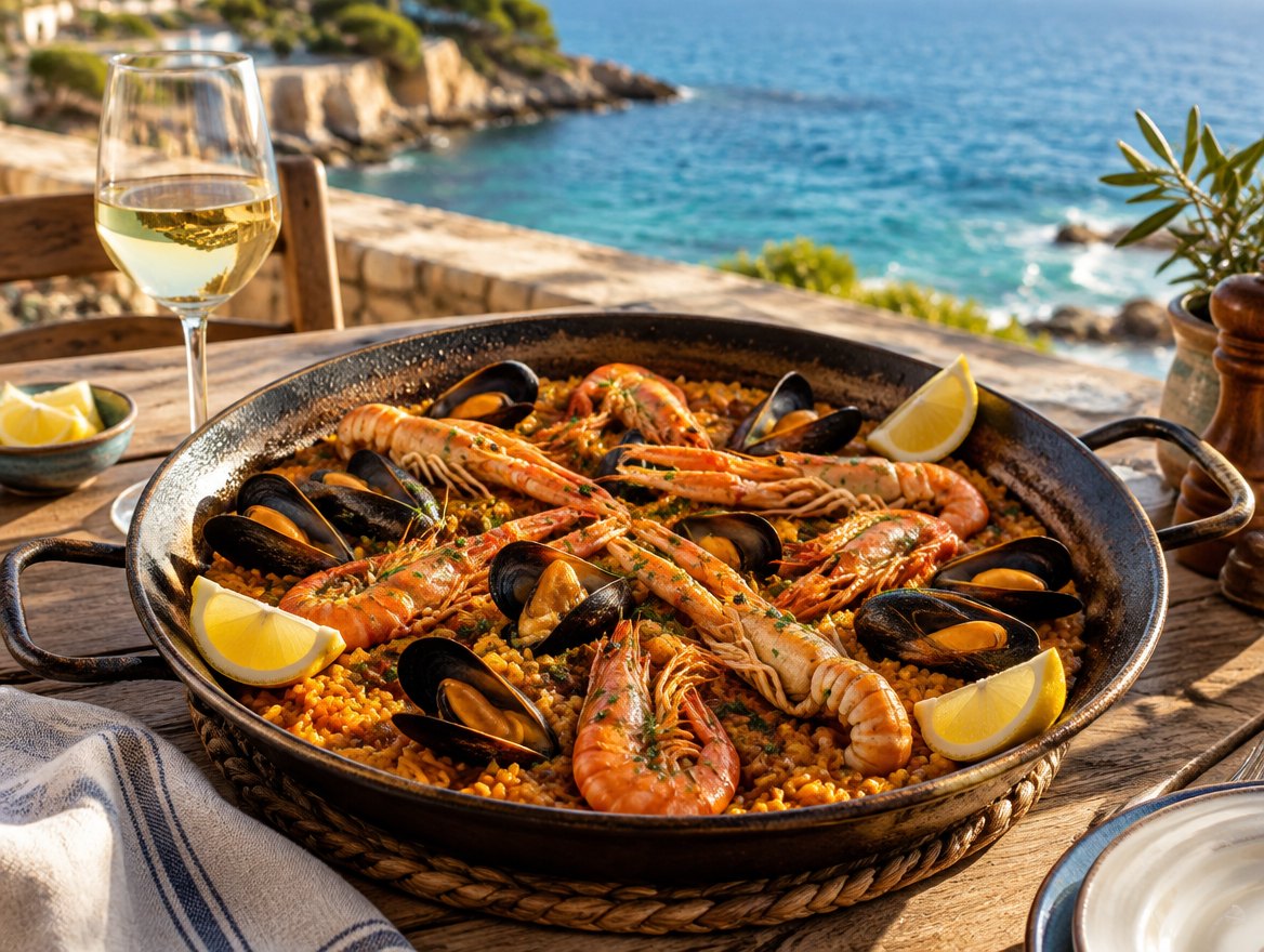 Arroz de marisco en una terraza junto al mar
