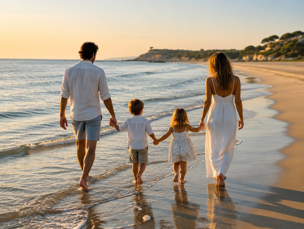 Familia paseando por la orilla al atardecer