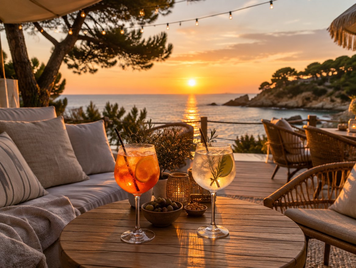Cocktails on a seafront terrace at sunset