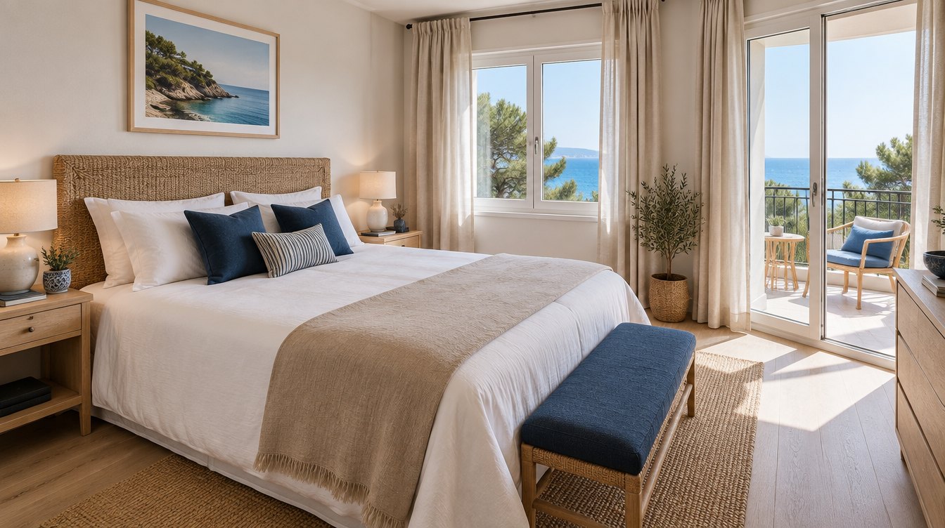 Renovated apartment bedroom with sea views